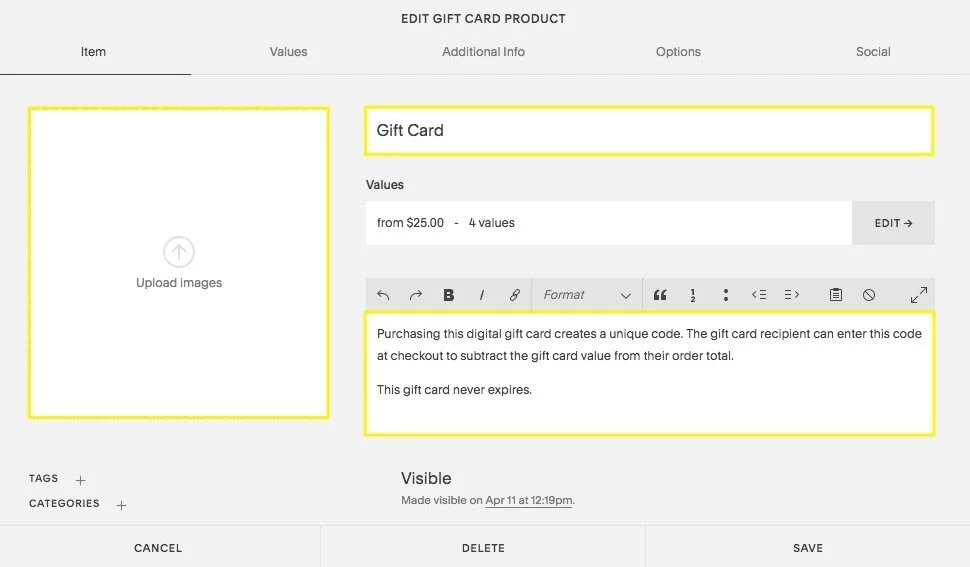 gift certificate on Squarespace